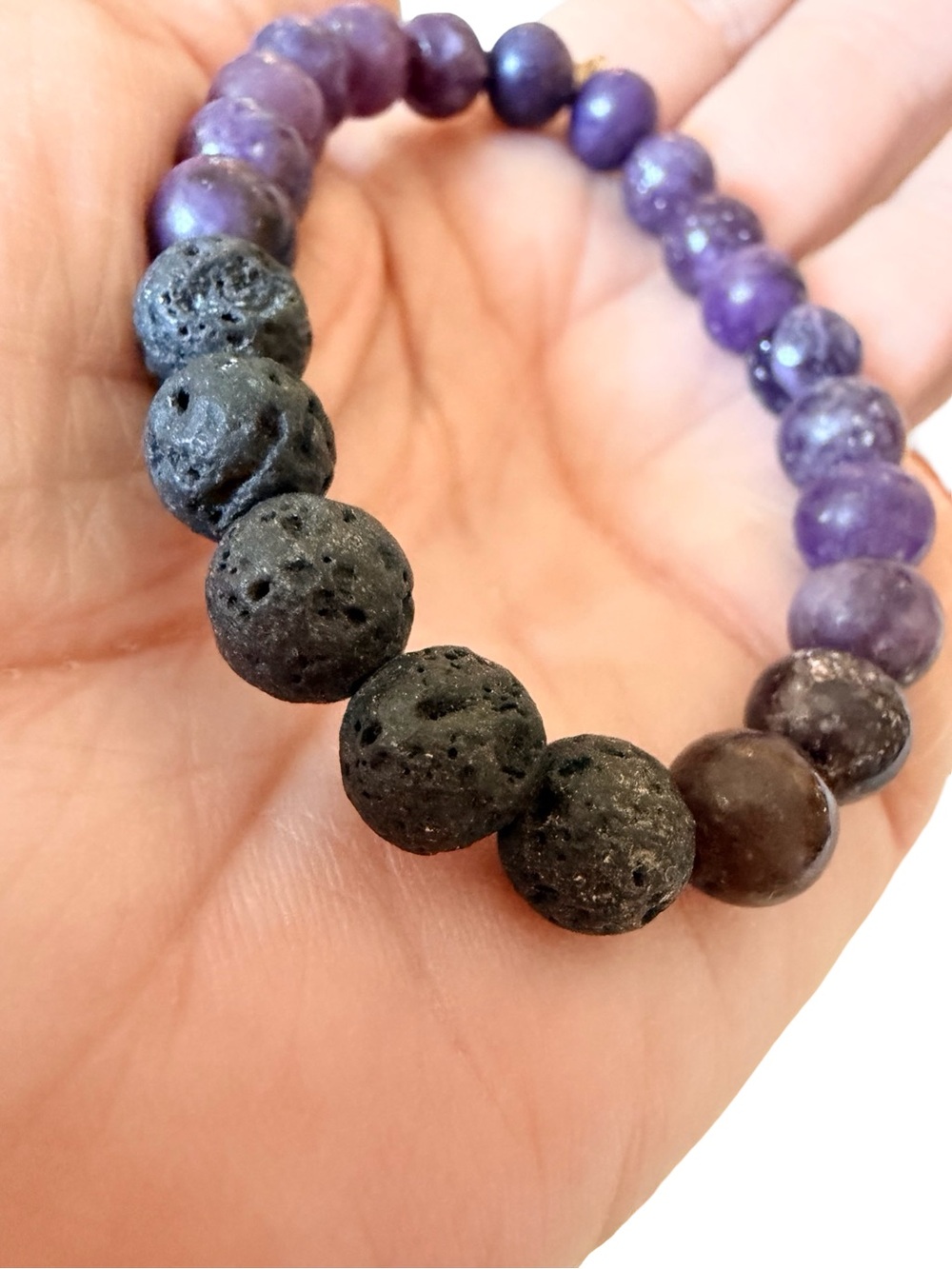 Purple Stone and Black Lava Bead Stretch Bracelet